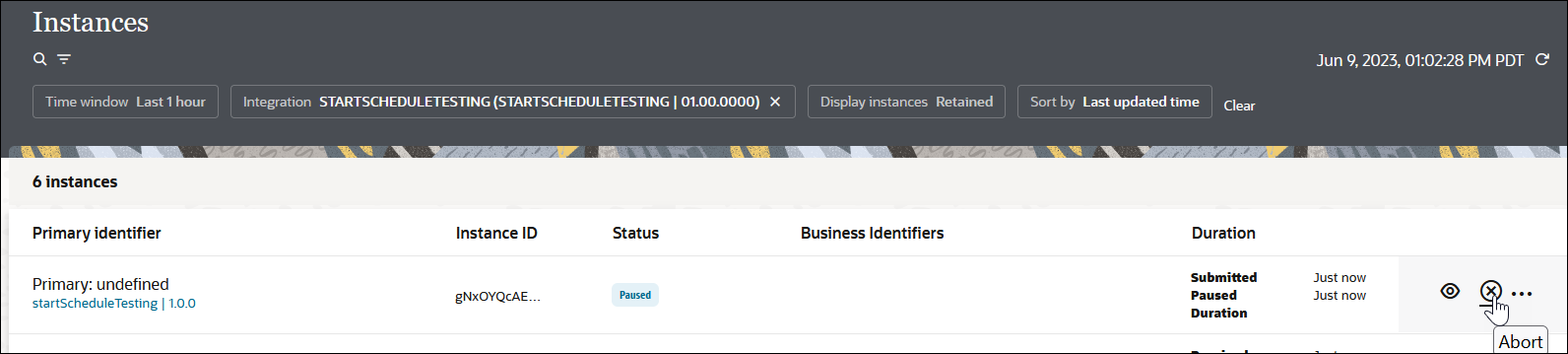 The business identifier, instance ID, status, submitter details, and View Details, Abort, and Actions icons are shown.