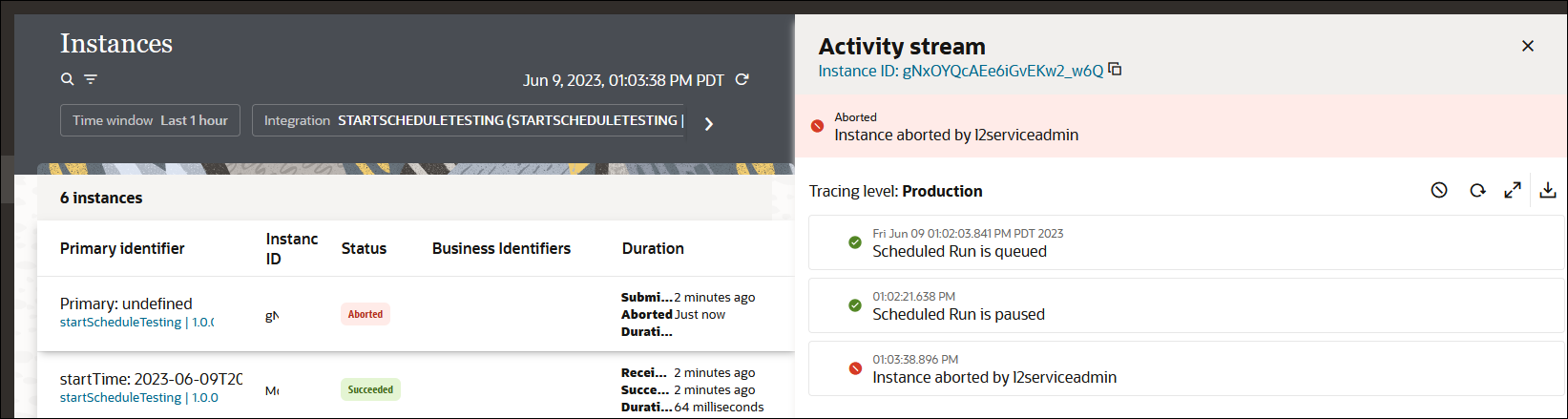 The activity stream shows details about the milestones of the instance flow. For this example, the last entry indicates that the instance was aborted. Reasons are provided. The view details icon appears next to milestones for which the message payload can be viewed. The download payload link appears at the upper right.