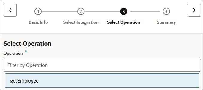 The Select Operation page shows the Operation field, with getEmployee selected.