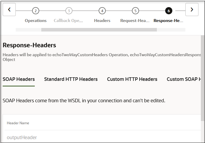 The Operations, Callout Operation, Headers, Request-Header, and Response-Header (which is selected) tabs are displayed. Below this is the Response-Headers section, with tabs for SOAP Headers, Standard HTTP Headers, Custom HTTP Headers, and Custom SOAP Headers.