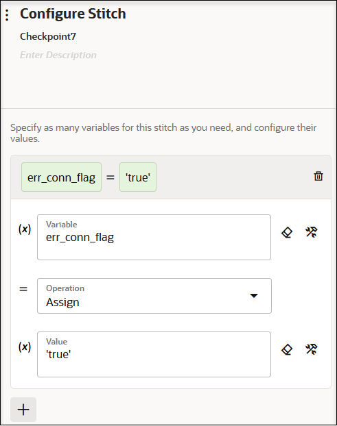 The Configure Stitch panel is displayed, which includes Name and Description fields at the top. Below this is a defined expression. Below this are is Variable field with a Clear icon and a Switch to Developer Mode icon. Below this is the Operation field with a value of Assign. Below this is a Value field with a Clear icon and a Switch to Developer Mode icon.