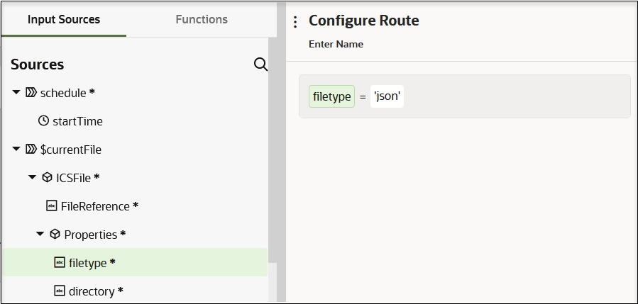The Sources tree of elements is shown on the left side. The Configure Route section is shown on the right side. Under this is the Enter Name field and the complete routing expression: filetype = 'json'.