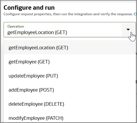 The Configure and run dialog is shown. An Operation dropdown list appears at the top.
