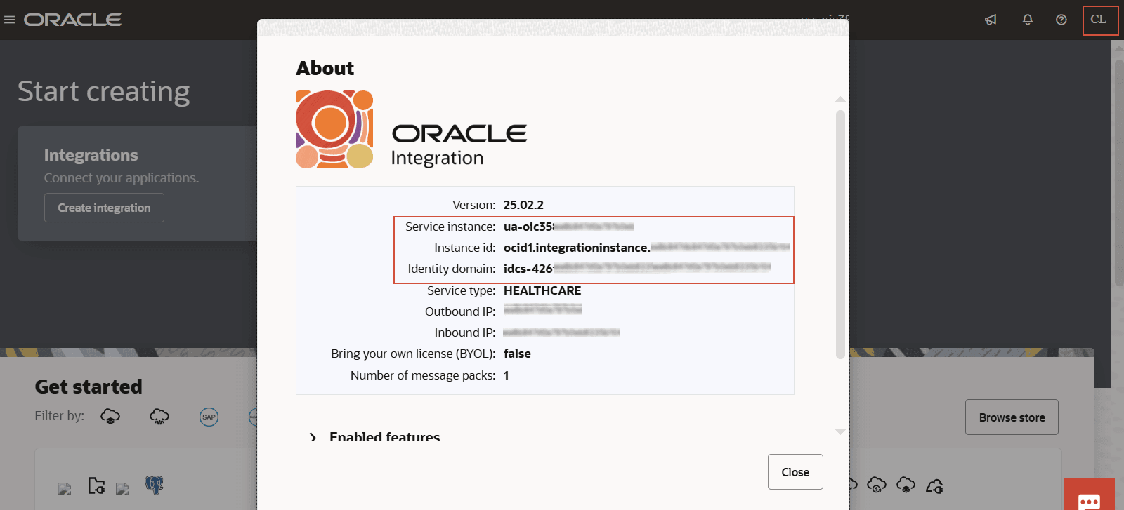 The About dialog shows the following fields: Version, Service instance, Instance ID, Identity domain, Service type, Outbound IPD, Inbound IP, Bring your own license, Number of message packs.