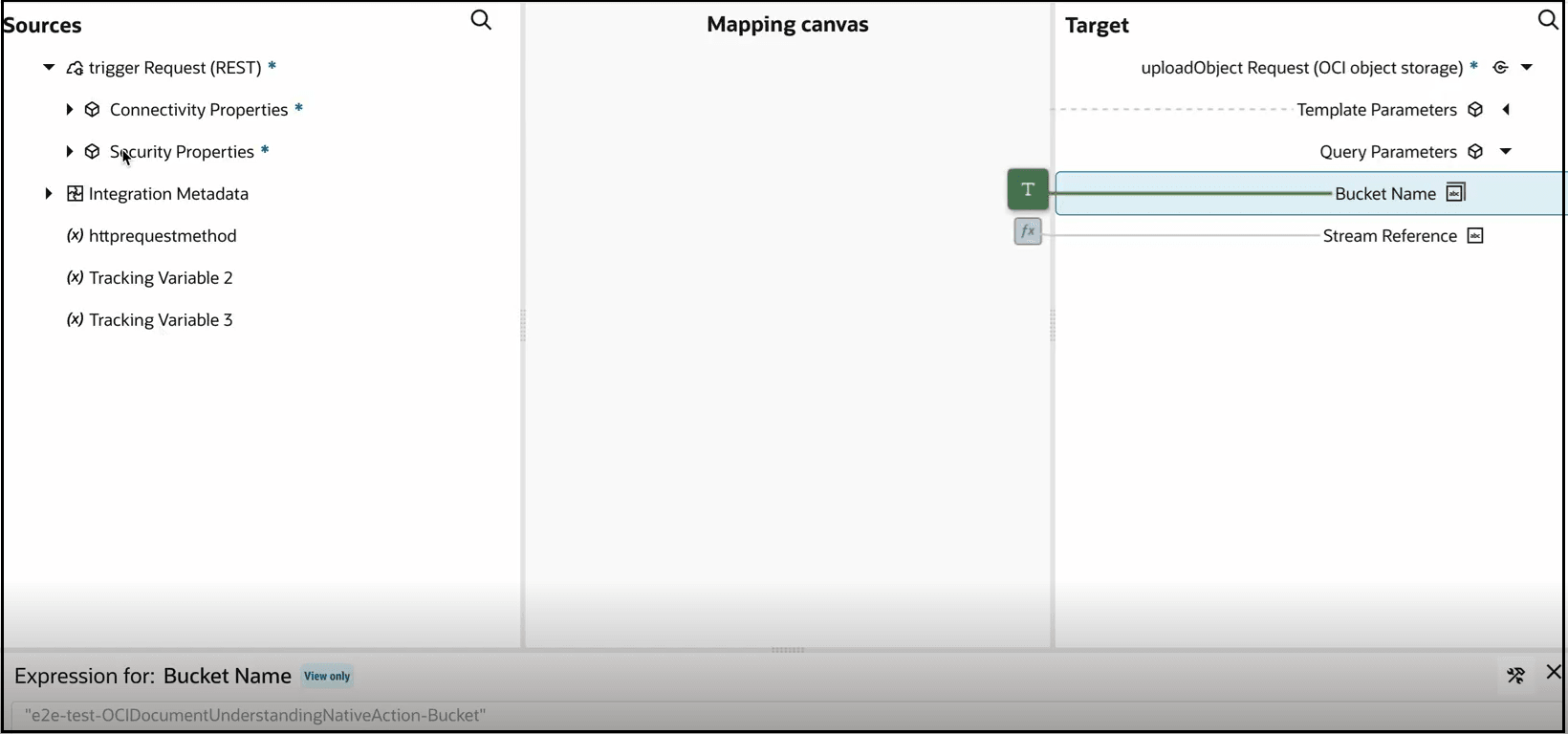 The mapper shows the Sources, Mapping canvas, and Target sections. The Bucket Name target element is set to "e2e-test-OCIDocumentUnderstandingNativeAction-Bucket" in the Expression Builder at the bottom.