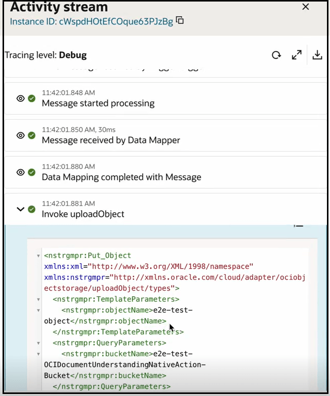 The expanded invoke connection in the activity stream shows the bucketName parameter set in the mapper to e2e-test-OCIDocumentUnderstandingNativeAction-Bucket.