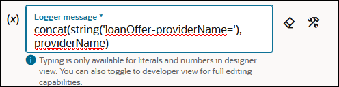 The logger message is shown: concat(string('loanOffer-providerName='),providerName)