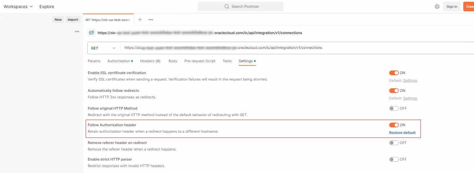 Postman Settings tab selected with Follow authorization header highlighted to be set to ON.