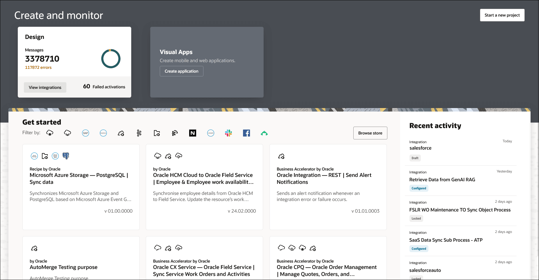 The Home page shows the Start a new project button in the upper right corner.