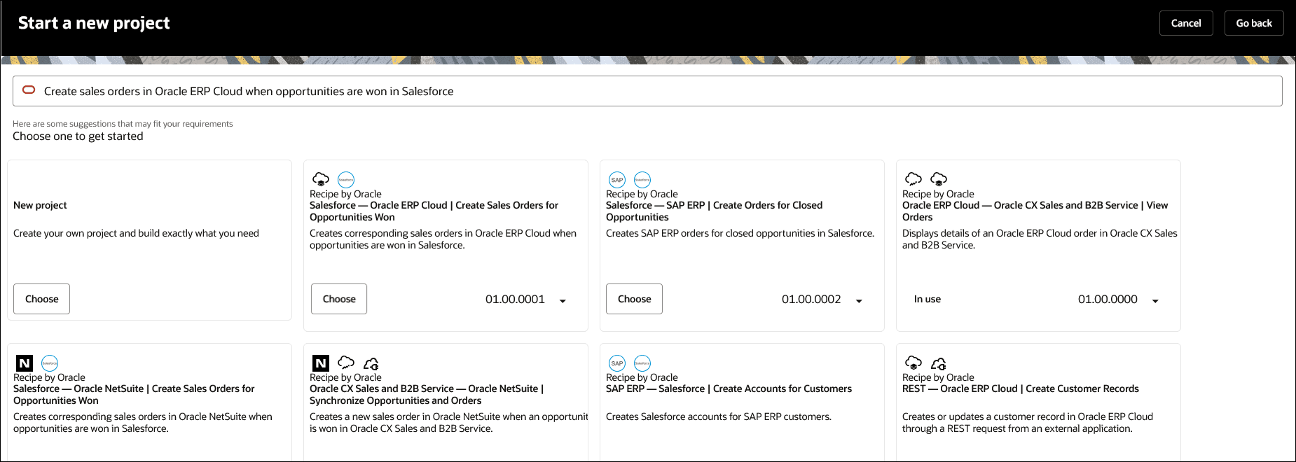 The Start a new project page shows the project detail entered by the user and the list of accelerators/recipes that match the project detail with a Choose button if they are available for installing.