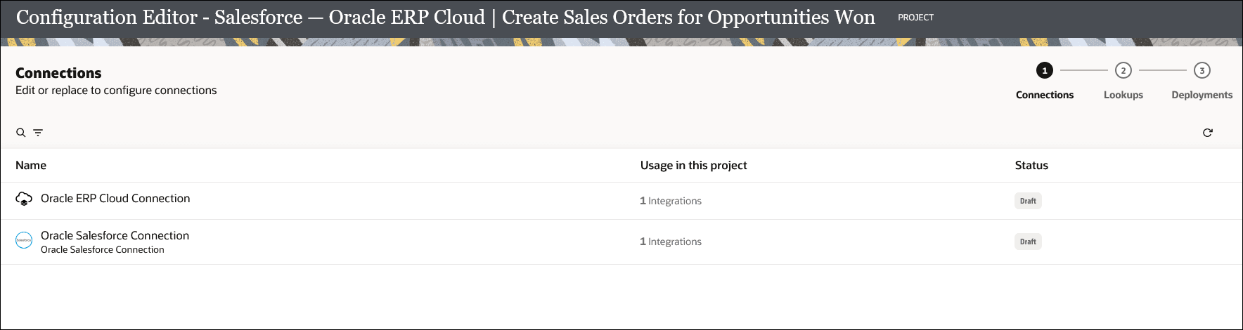 The Configuration editor page shows the Connections subpage with the list of connections to configure.