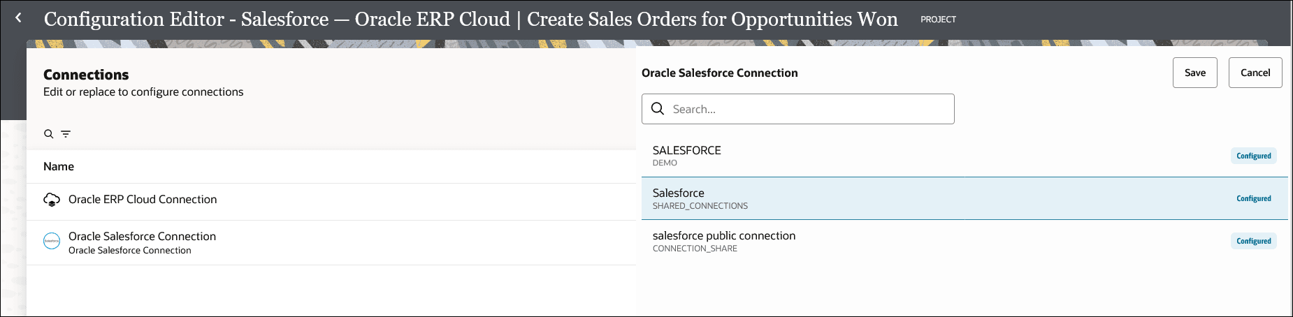 A shared connection is selected in this example from the list of shared connections. The Save and Cancel buttons are available in the upper right corner of the page.