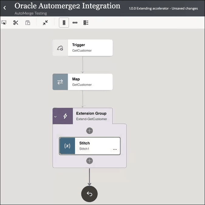 The integration shows a trigger, map, and extension group that includes a stitch action.