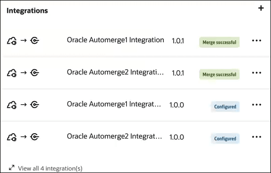 The Integrations section shows the integrations, calendar icons, versions, the current state (Configured) and Actions menus.