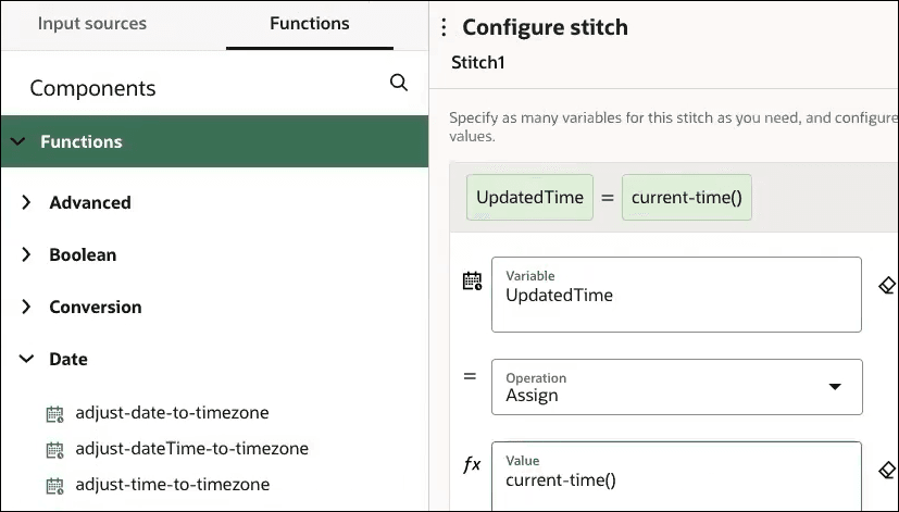 The Input sources and Functions (which is selected) tabs are shown. Below is the Functions list, which is expanded to show Advanced, Boolean, Conversion, and Date categories. Date is expanded to display the available functions. On the right is the Configure stitch section. Below this is the configured data stitch action, the Variable field, the Operation list, and the Value field.
