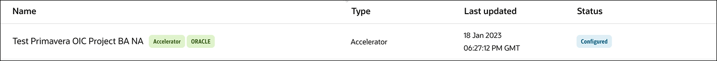 The Name, Type, Last updated, and Status columns are shown. The integration in the Name column has labels for Accelerator and Oracle. The Type column says Accelerator.