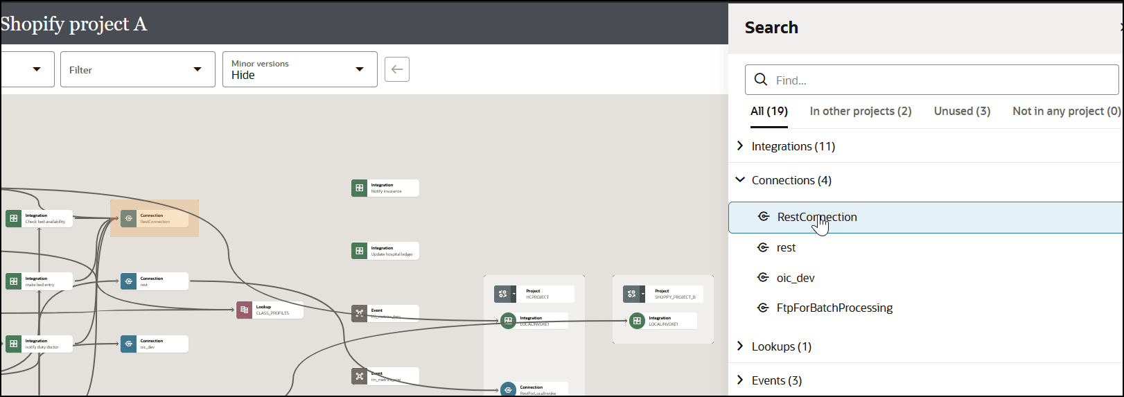 The Summary report shows tabs for the dependent resources in the current project (All), the dependent resources being used in other projects, the unused dependent resources, and the dependent resources being used that are not in projects. The All tab is selected. A connection in the All tab is selected. That connection is highlighted in the diagram on the left.