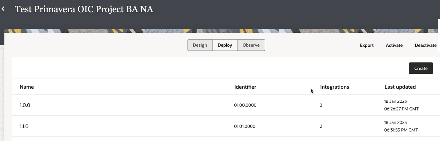 The Design, Deploy (which is selected), and Observe tabs are shown. To the right are the Export, Activate, and Deactivate links. Below is a table with columns for Name, Identifier, Integrations, and Last updated. Two deployments, named 1.0.0 and 1.0.1, are shown.
