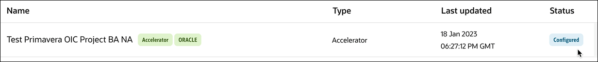 The Name, Type, Last updated, and Status columns are shown. The integration in the Name column has labels for Accelerator and Oracle. The Type column says Accelerator. The Status column says Configured.