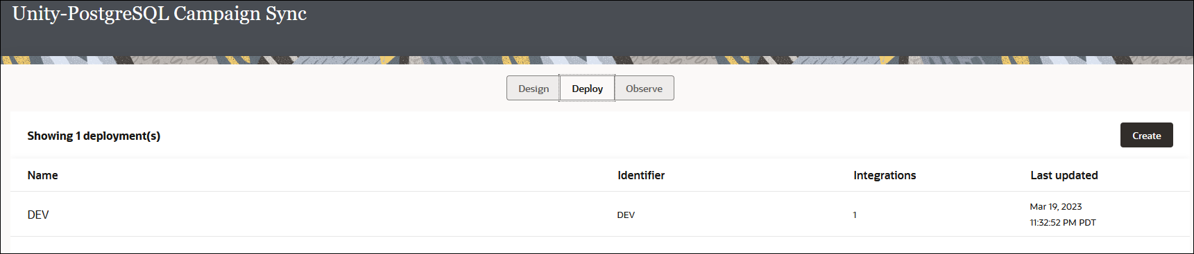 The Design, Deploy, and Observe tabs appear at the top. Below is a table with columns for Name, Identifier, Integrations, and Last updated.