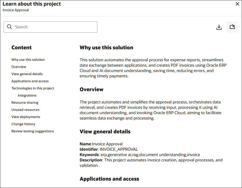 The Learn about this project panel shows the documentation generated by AI along with options to perform search, navigate through the content, save the documentation as a PDF, and regenerate the documentation.