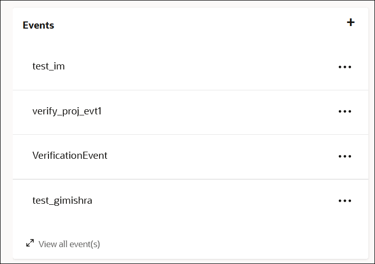 The Events section shows a plus sign that can be clicked to create events. The events already created in this project are also shown. The View all event(s) link appears at the bottom.