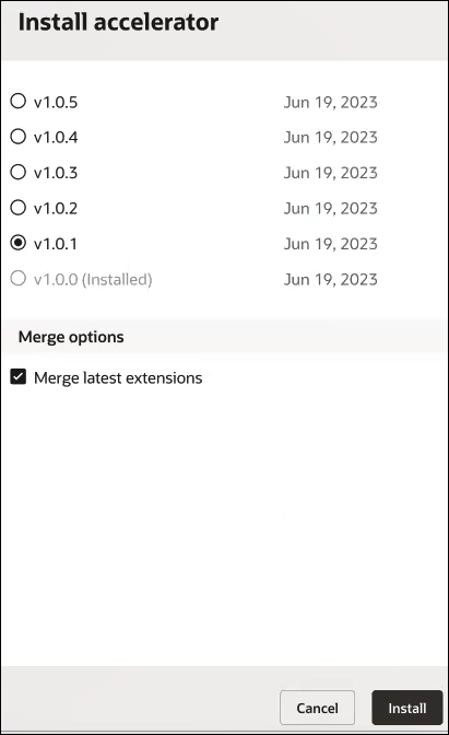 The Install accelerator panel shows the accelerator versions available for installation. The v1.0.1 version is selected. In the Merge options section, the Merge latest extensions check box is selected.