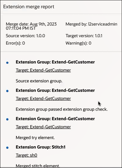 The merge report shows the merge date, source version, any errors, the merge user, the target version, and any warnings. The activity stream for the merge is shown below.