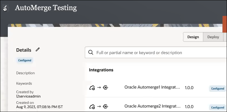 The search field appears at the top. The Integrations section shows the integration, a calendar icon, version, the current state (Configured) and an Actions menu. An Add button appears above.