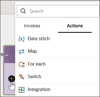 The search field appears at the top. Below is the Actions list, which shows an option for Data stitch, Map, For each, Switch, and Integration.