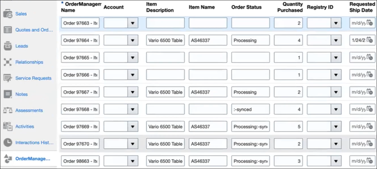The Order Manager form is selected and includes columns for Oracle Manager Name, Account, Item Description, Item Name, Order Status, Quantity Purchased, Registry ID, and Requested Ship Date.