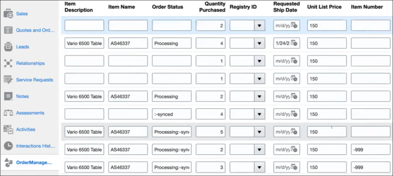 The Order Manager form is selected and includes columns for Oracle Manager Name, Account, Item Description, Item Name, Order Status, Quantity Purchased, Registry ID, Requested Ship Date, Unit List Price, and Item Number.