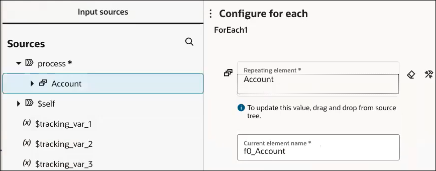 The Input sources section appears on the left side. Below it is the Sources section of elements. The Account element is selected. On the right side is the Configure for each section. The Repeating element field as a value of Account and the Current element name field as a value of 10_Account. To icons appear to the right of the Repeating element field.
