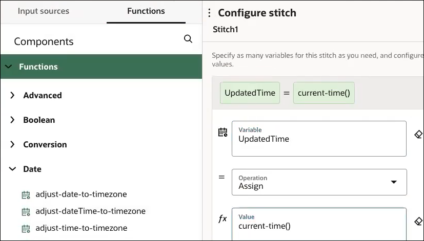 The Input sources and Functions (which is selected) tabs are shown. Below is the Functions list, which is expanded to show Advanced, Boolean, Conversion, and Date categories. Date is expanded to display the available functions. On the right is the Configure stitch section. Below this is the configured stitch action, the Variable field, the Operation list, and the Value field.