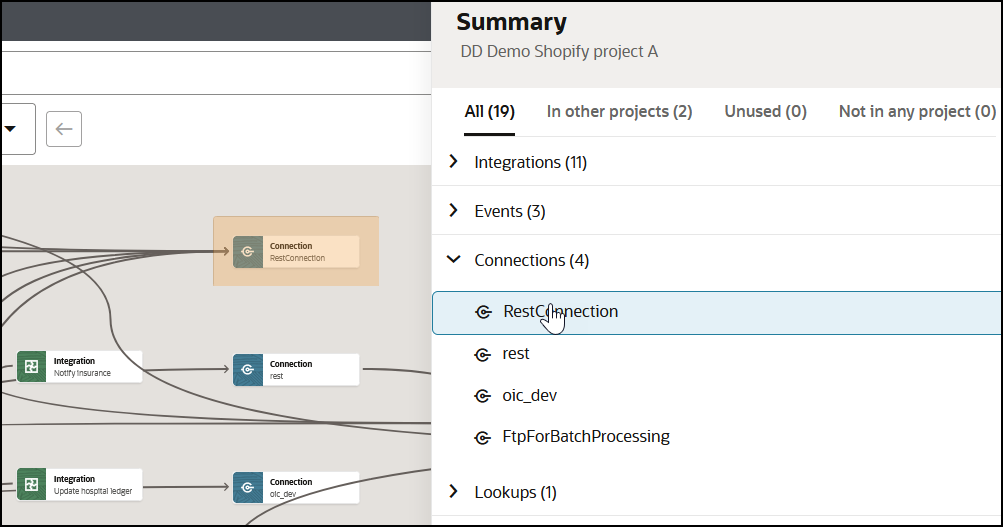 The Summary report shows tabs for the dependent resources in the current project (All), the dependent resources being used in other projects, the unused dependent resources, and the dependent resources being used that are not in projects. The All tab is selected. A connection in the All tab is selected. That connection is highlighted in the diagram on the left.