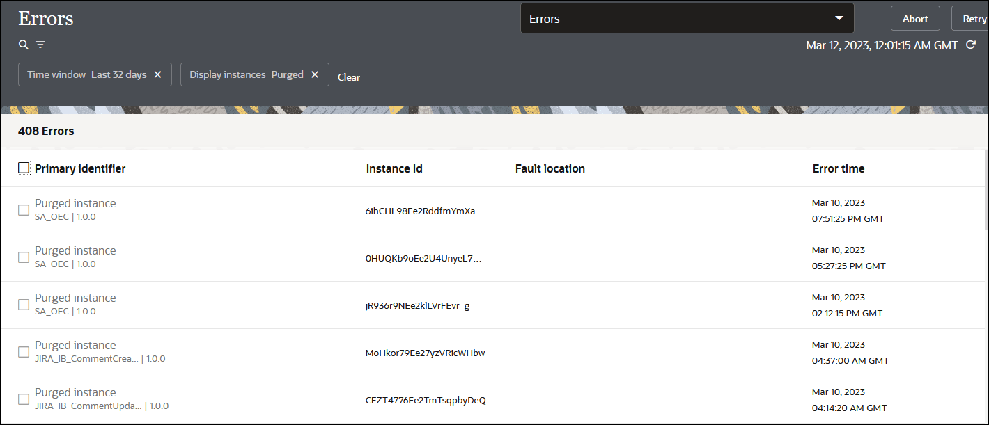 The Errors page shows a filter icon and any defined filters at the top. In the upper right is the Search field, Abort button, and Retry button. Below is a table with columns for Primary identifier (a check box), Instance ID, Fault location, and Error time.