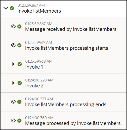 The activity stream shows a single invoke expanded to show messages for messages received, two invokes, the end of processing, and a message processed.