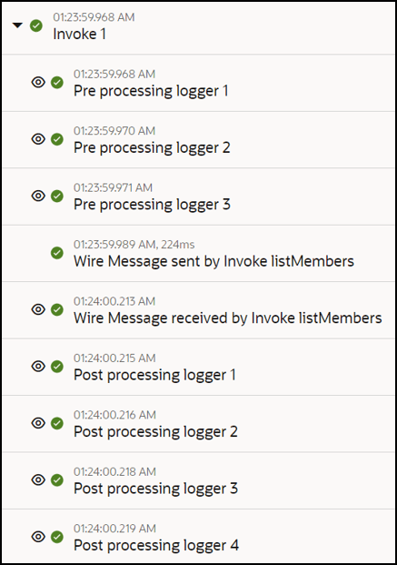 The activity stream shows an invoke expanded to show messages for preprocessing loggers, wire messages sent and received, and postprocessing loggers.