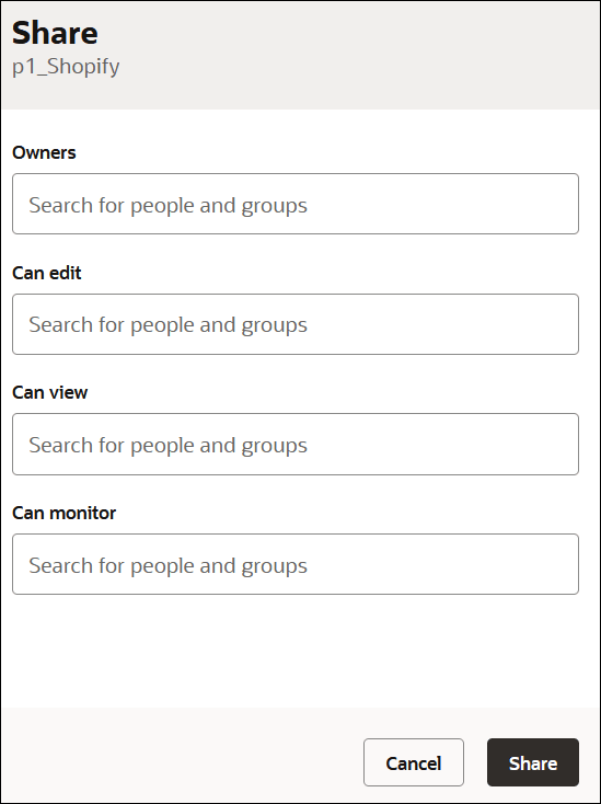 The Share panel shows fields for Owners, Can edit, Can view, and Can monitor.