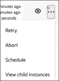 The menu shows options for Retry, Abort, Schedule, and View child instances.