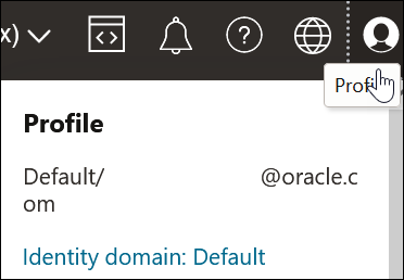 The Profile icon is selected to show the Profile section, which shows Identity domain: Default.