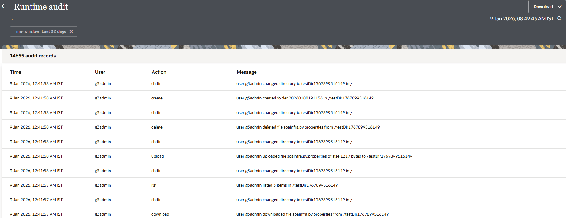 This image shows the Runtime audit page. In the top left is the search icon. Below this is a table with the following columns: Time, User, Action, and Message. In the upper right corner is the Download button. Below this button is a time stamp and the refresh icon.