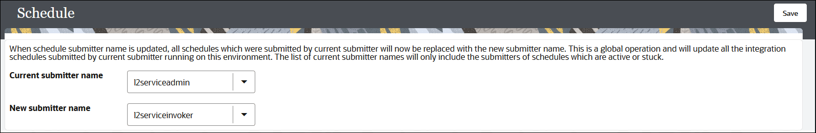 The Schedule page includes a Current submitter name list and New submitter name list. In the upper right corner is the Save button. The Schedule page includes a Current submitter name list and New submitter name list. In the upper right corner is the Save button.