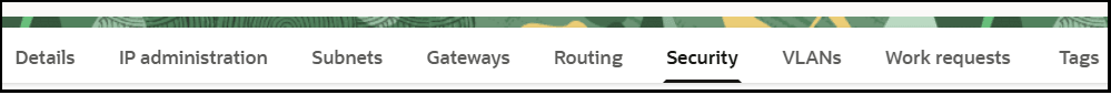 The menu bar shows tabs for Details, IP administration, Subnets, Gateways, Routing, Security, VLANs, Work requests, and Tags.