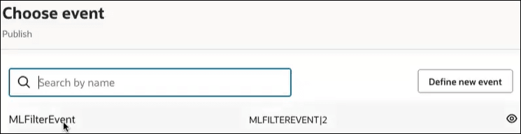 The Choose event panel shows the Search by name field and Define new event button. The MLFilterEvent event is being selected.