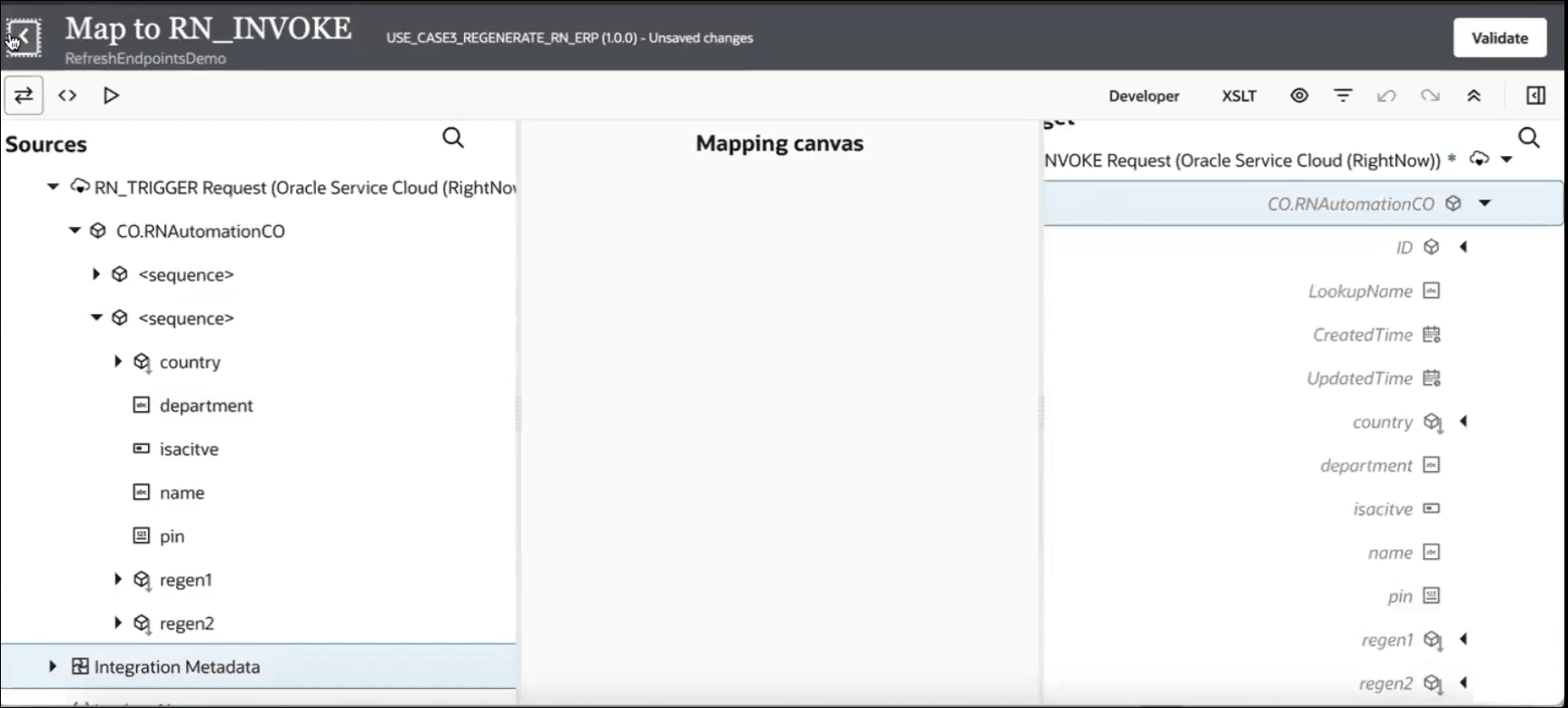 The mapper shows the Sources, Mapping canvas, and Target sections. The Validate button appears in the upper right corner. Three icons appear above the Sources section. Eight icons appear above the Target section.