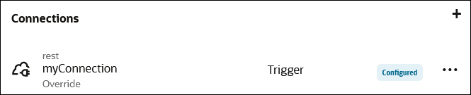 The Connections section shows the connection name, its role (trigger), its state (Configured), and the Actions menu. The word Override appears under the connection name.