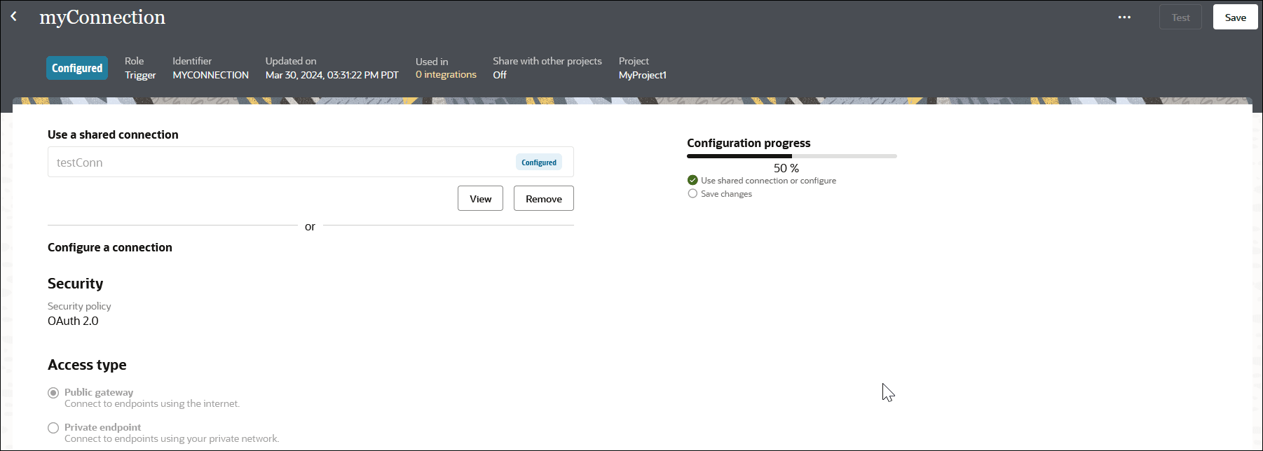 The Connections page shows the Configured label at the top. Below is the Use a shared connection section. The View and Remove buttons are displayed. The Configuration progress section is shown, with a progress bar. Below is the Configure a connection section, with subsections for Security and Access type.