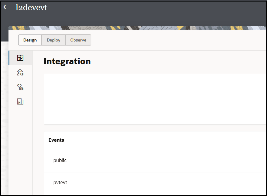 The project is shown. Four vertical tabs are shown. The Integration tab is selected. The Events section is shown. Two events (public and pvtevt) appear in the Events section.