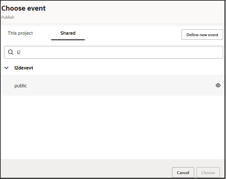 The Choose event dialog is shown. Tabs for This project and Shared (which is selected) are shown. The Define new event button is shown. The Search field is shown. Below this, the public event is selected.